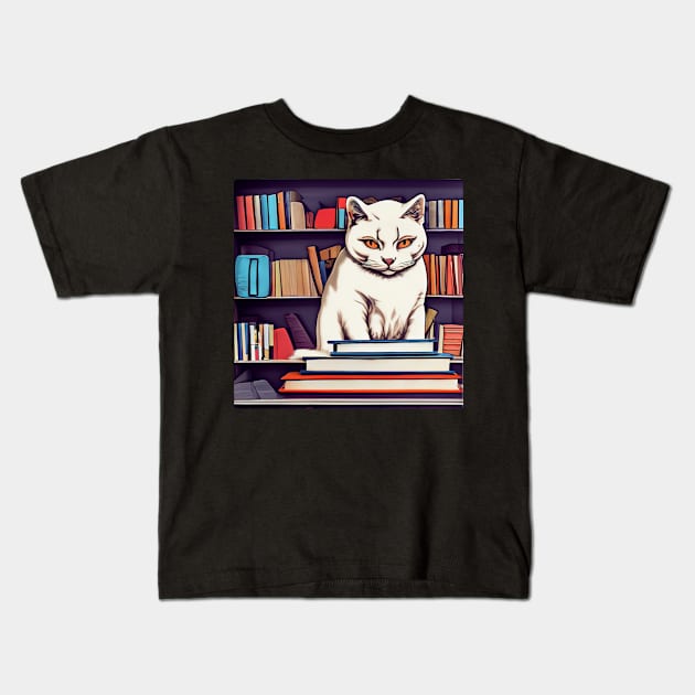 Library Cat Kids T-Shirt by Rishirt